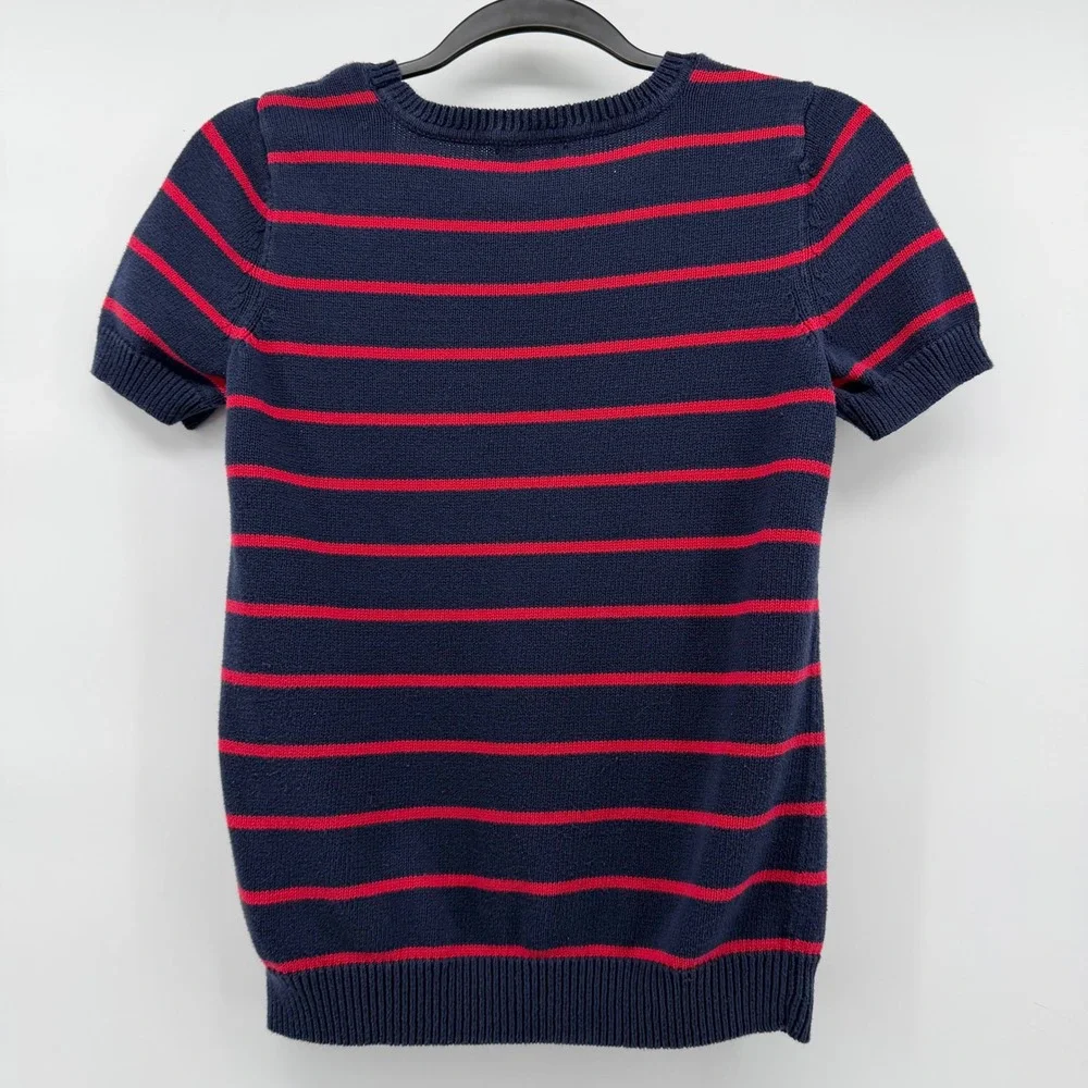 Tommy‎ Hilfiger Women Navy Blue Red Striped Short Sleeve Sweater Top Size SP